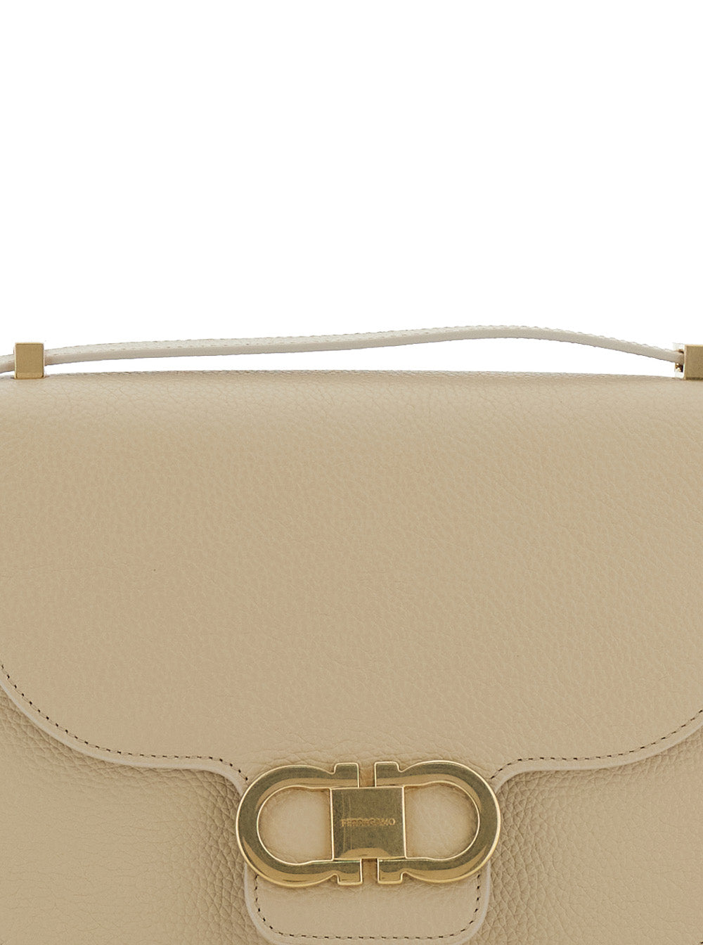 Beige Shoulder Bag With Metal Gancini Detail On The Front Hammered Leather Woman Calf Crossbody