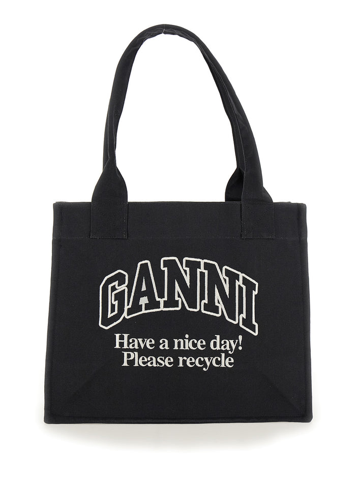 Black Shopper With Embroidered Logo On The Front Denim Woman Grey Recycled Cotton Tote Bags