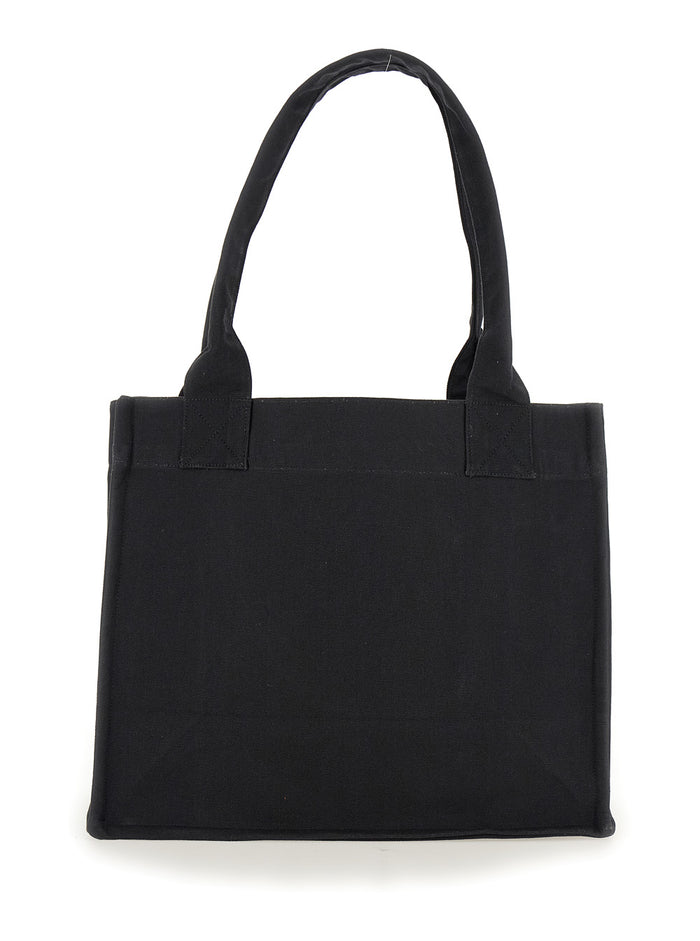Black Shopper With Embroidered Logo On The Front Denim Woman Grey Recycled Cotton Tote Bags