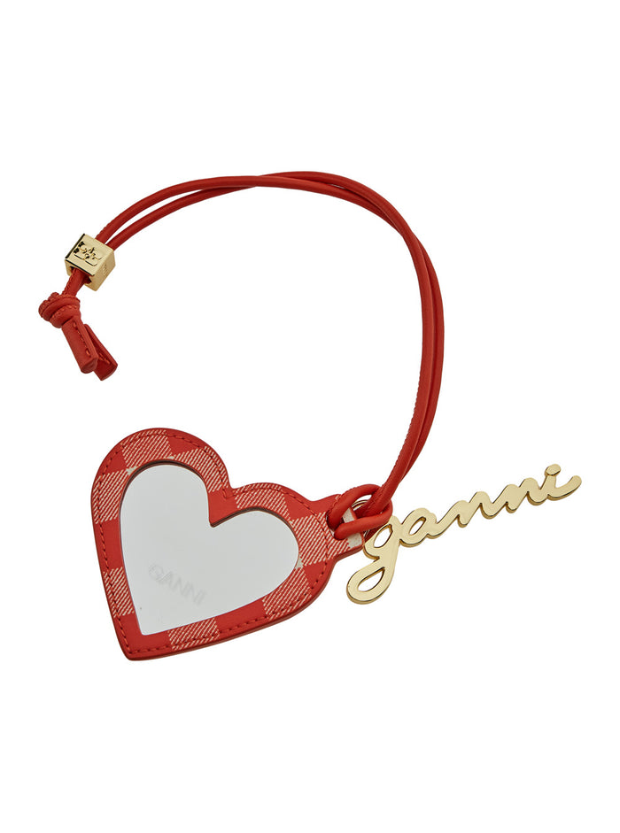 Red Heart Shaped Mirror With Logo Lettering Charm Tech Fabric And Leather Woman Accessory