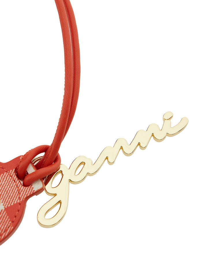 Red Heart Shaped Mirror With Logo Lettering Charm Tech Fabric And Leather Woman Accessory