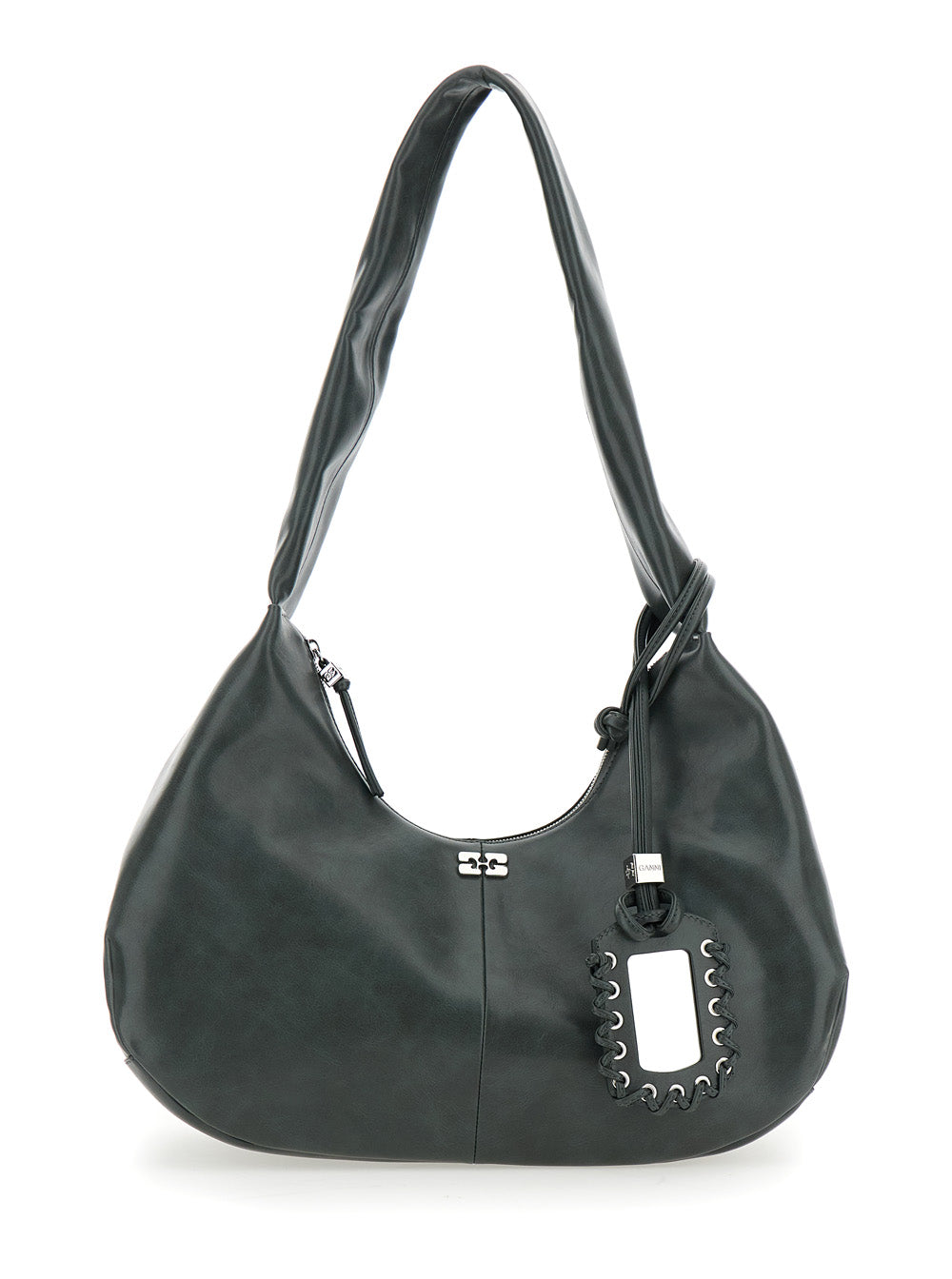 Bou Black Medium Shoulder Bag with Single Strap and Tonal Logo Plaque on the Front in Leather Woman Grey