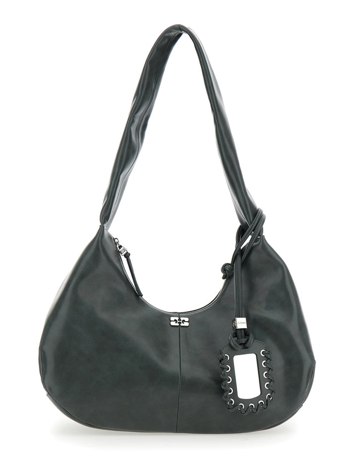 Bou Black Medium Shoulder Bag with Single Strap and Tonal Logo Plaque on the Front in Leather Woman Grey