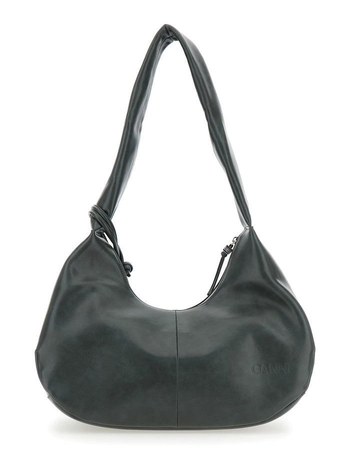 Bou Black Medium Shoulder Bag with Single Strap and Tonal Logo Plaque on the Front in Leather Woman Grey