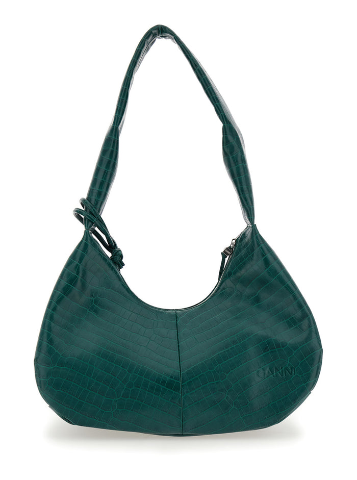 Medium Bou Green Shoulder Bag with Crocodile Leather Effect and Logo Plaque in Woman
