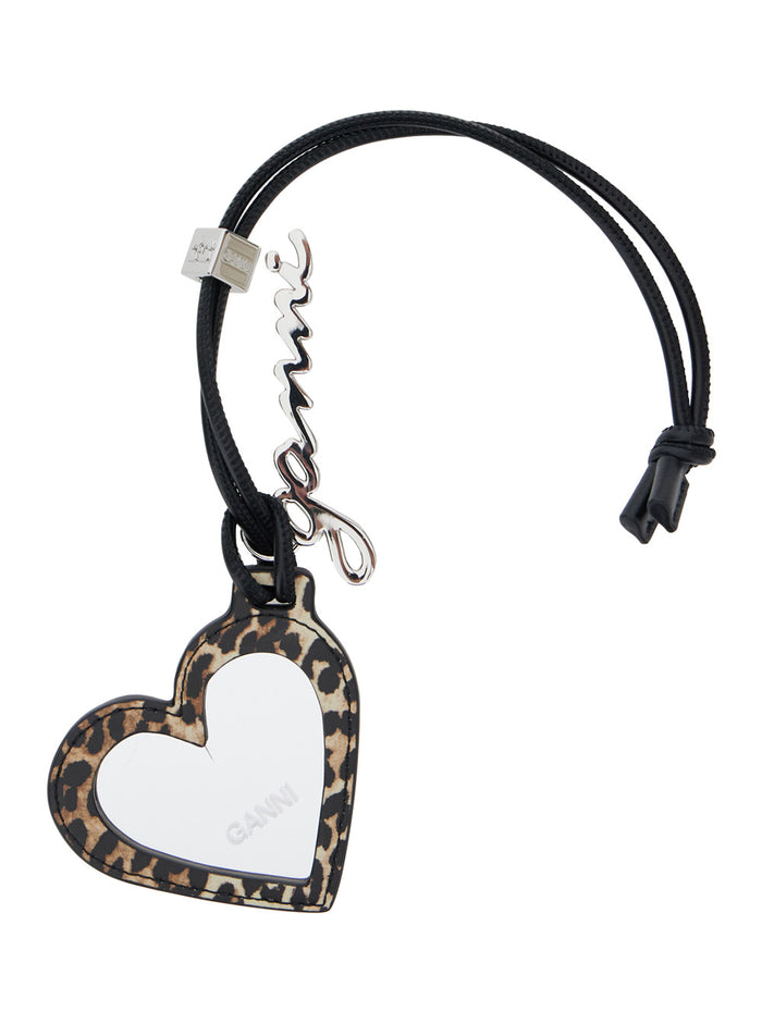 Bou Heart Brown Mirror with Logo Lettering Pendant and Leopard Motif in Metal Woman Accessory