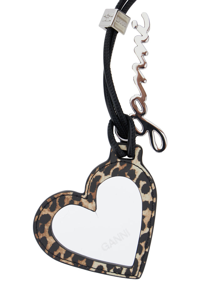 Bou Heart Brown Mirror with Logo Lettering Pendant and Leopard Motif in Metal Woman Accessory