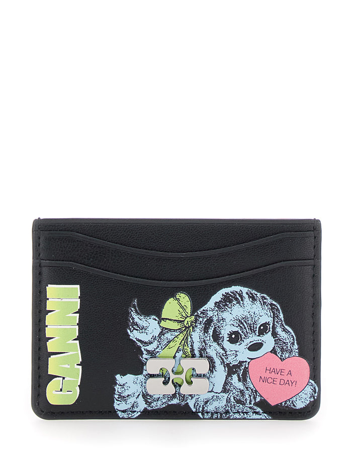 Black Card Holder With Graphic Print On The Front Leather Blend Woman Products