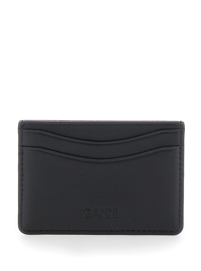 Black Card Holder With Graphic Print On The Front Leather Blend Woman Products