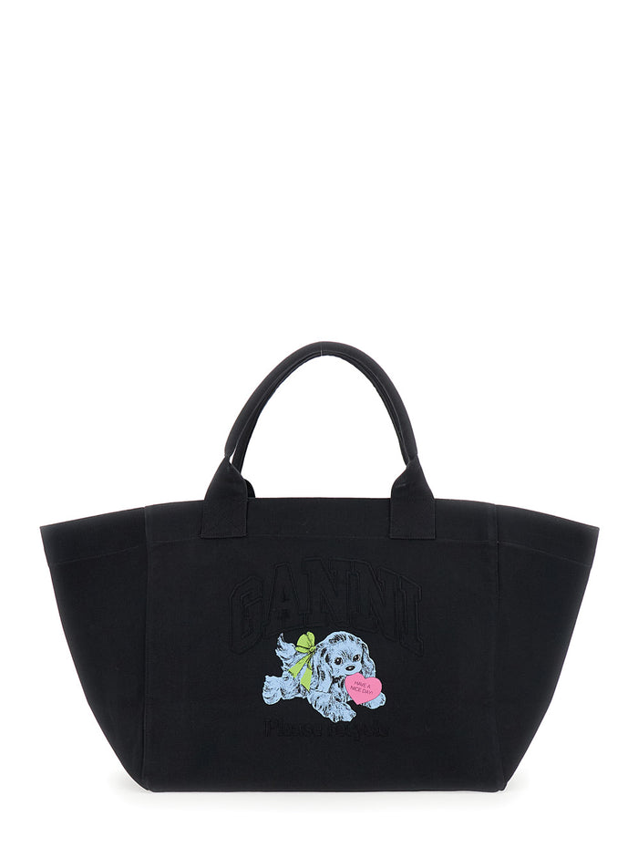 Black Xxl Shopper With Double Handles And Decoration On The Front Cotton Woman Recycled Tote Bags