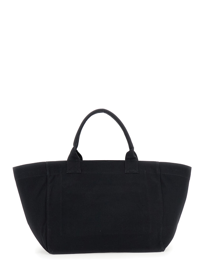 Black Xxl Shopper With Double Handles And Decoration On The Front Cotton Woman Recycled Tote Bags