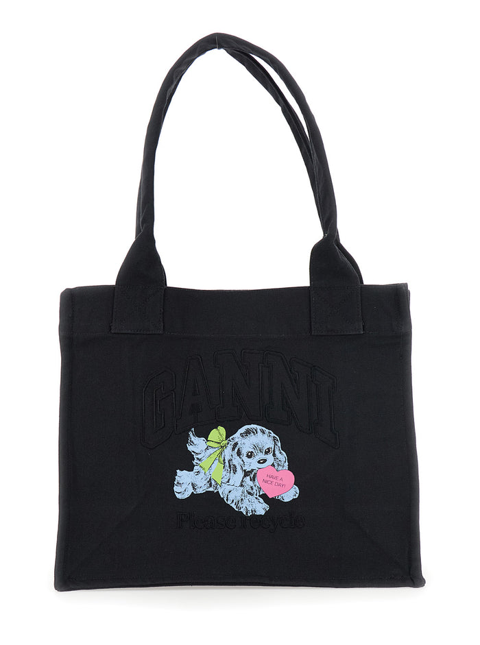 Black Large Shopper With Double Handles And Front Decoration Cotton Woman Recycled Tote Bags