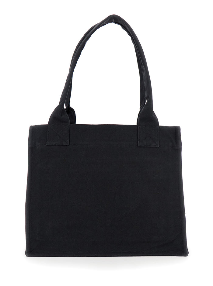 Black Large Shopper With Double Handles And Front Decoration Cotton Woman Recycled Tote Bags