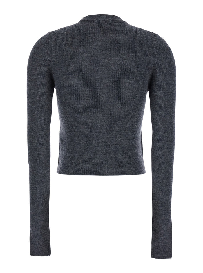 Grey Cropped Cardigan Wih V Neck And Checkmotif On The Front Wool Woman Merino Jersey