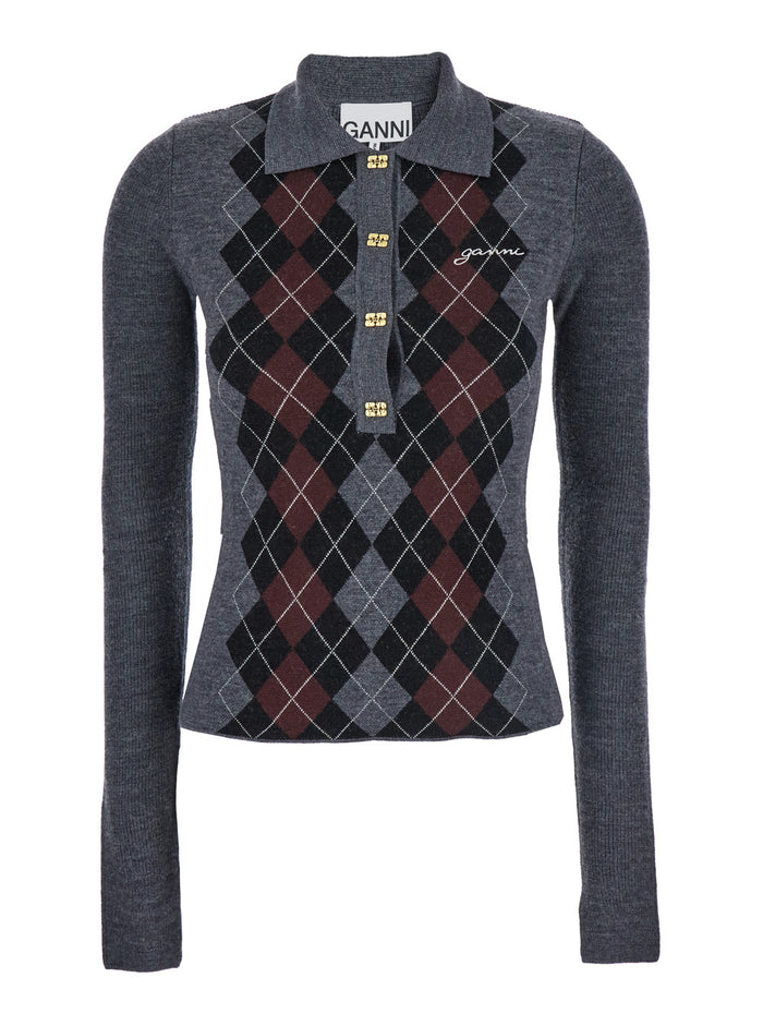 Grey Sweater With Classic Collar And Check Motif On The Front Wool Woman Merino Jersey