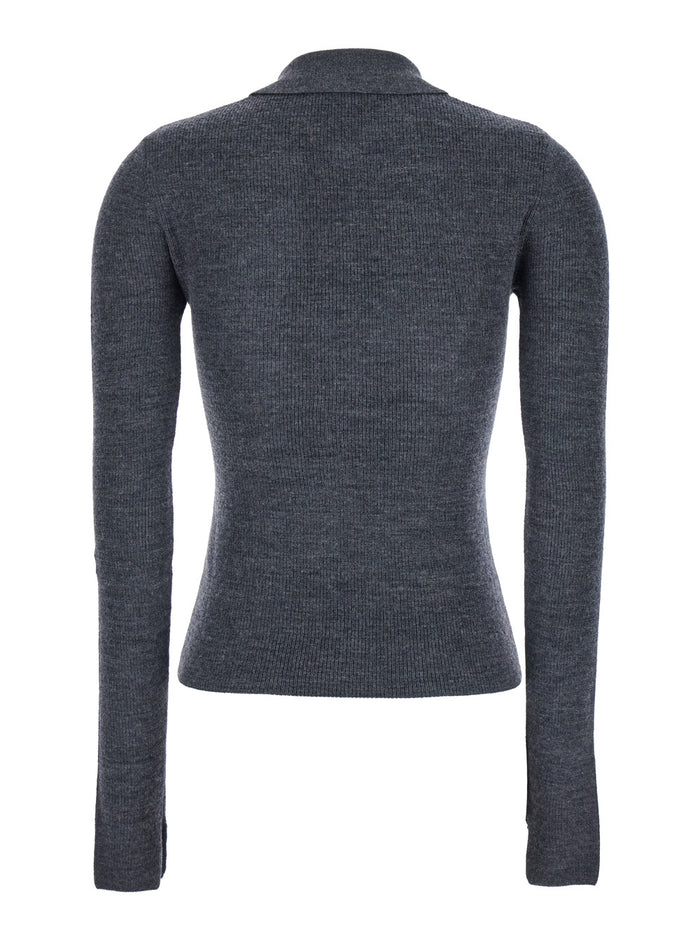 Grey Sweater With Classic Collar And Check Motif On The Front Wool Woman Merino Jersey
