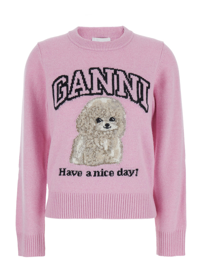 Pink Sweater With Round Neck And Maxi Logo On The Front Wool Blend Woman Jersey