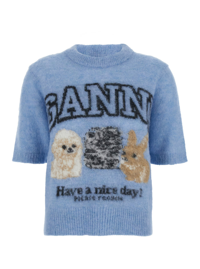 Light Blue Crewneck T-Shirt With Maxi Logo Embroidery On The Front Wool Blend Woman Alpaca Polyamide Tshirts And Polo Shirts