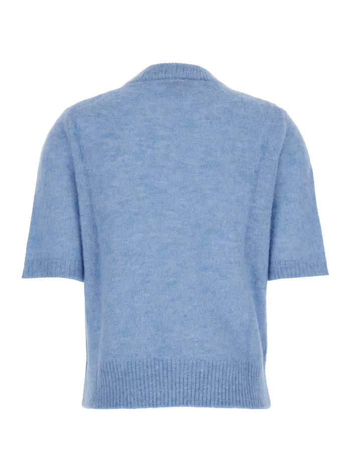 Light Blue Crewneck T-Shirt With Maxi Logo Embroidery On The Front Wool Blend Woman Alpaca Polyamide Tshirts And Polo Shirts