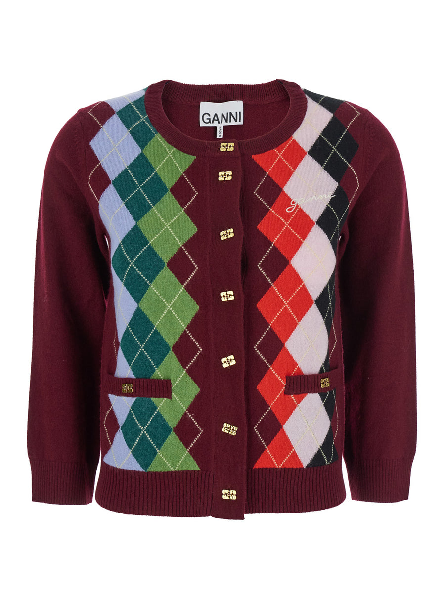 Multicolor Crewneck Cardigan With Jewel Buttons Merino Wool Tops