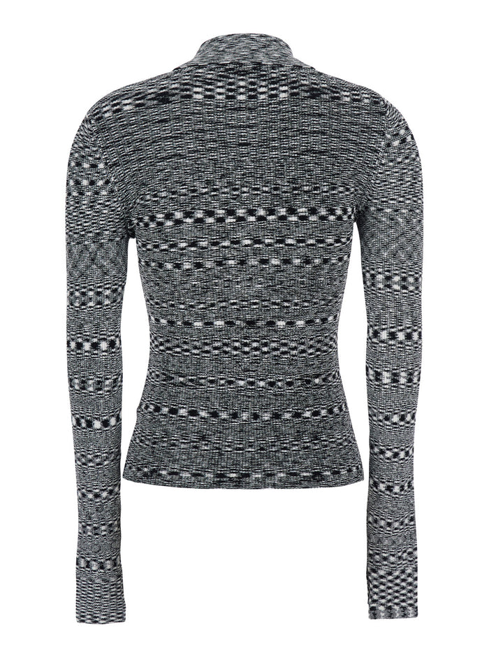 Black and White Polo Shirt with All-Over Space-Dye Effect Button Closure in Fabric Woman White/black Viscose Polyamide Tshirts