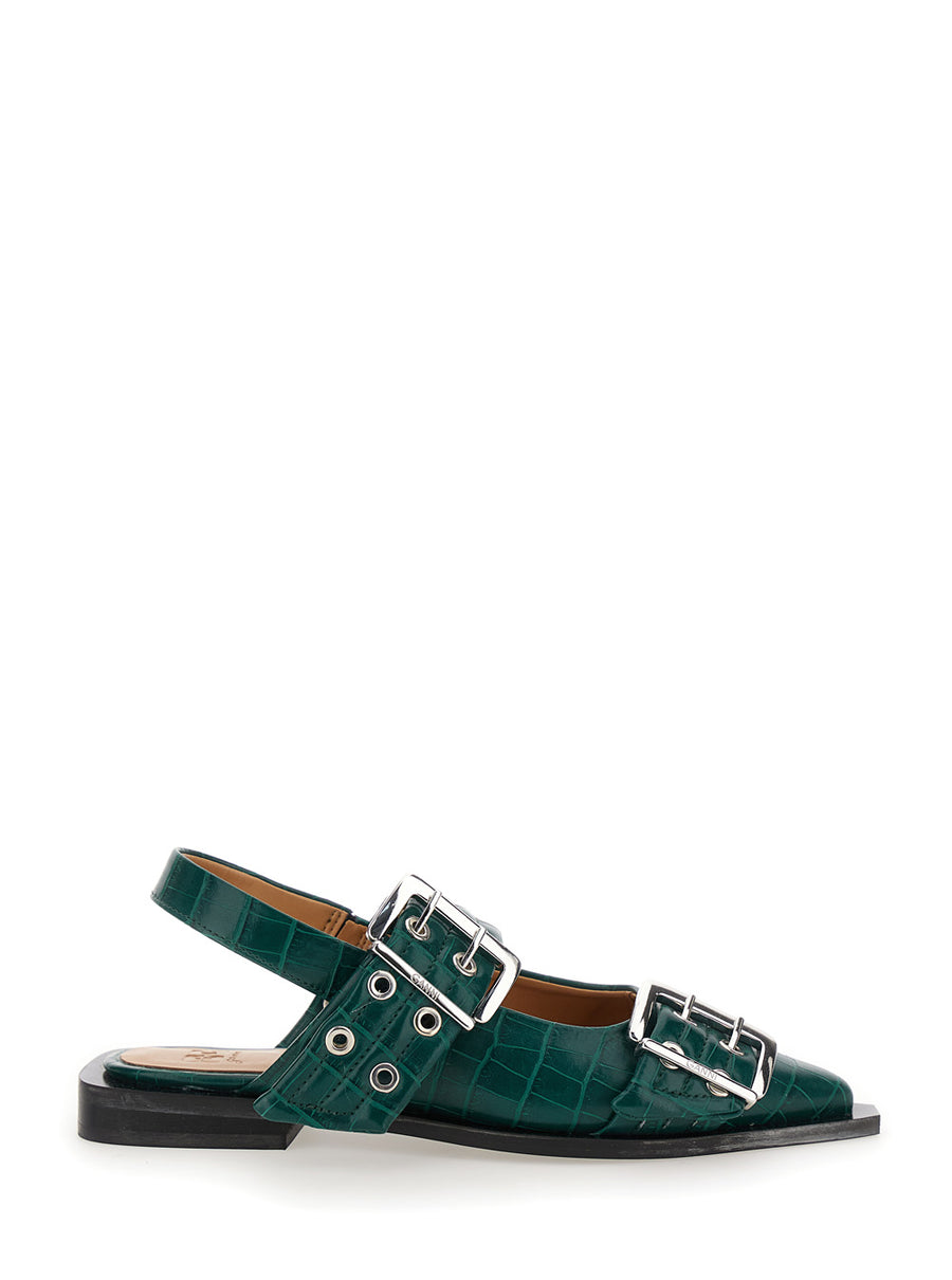 Green Ballet Shoes With Double Buckle Recycled Leather Ballerina