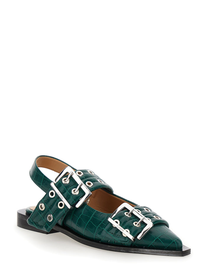 Green Ballet Shoes with Double Buckle and Pointed Design in Leather Woman Ballerinas