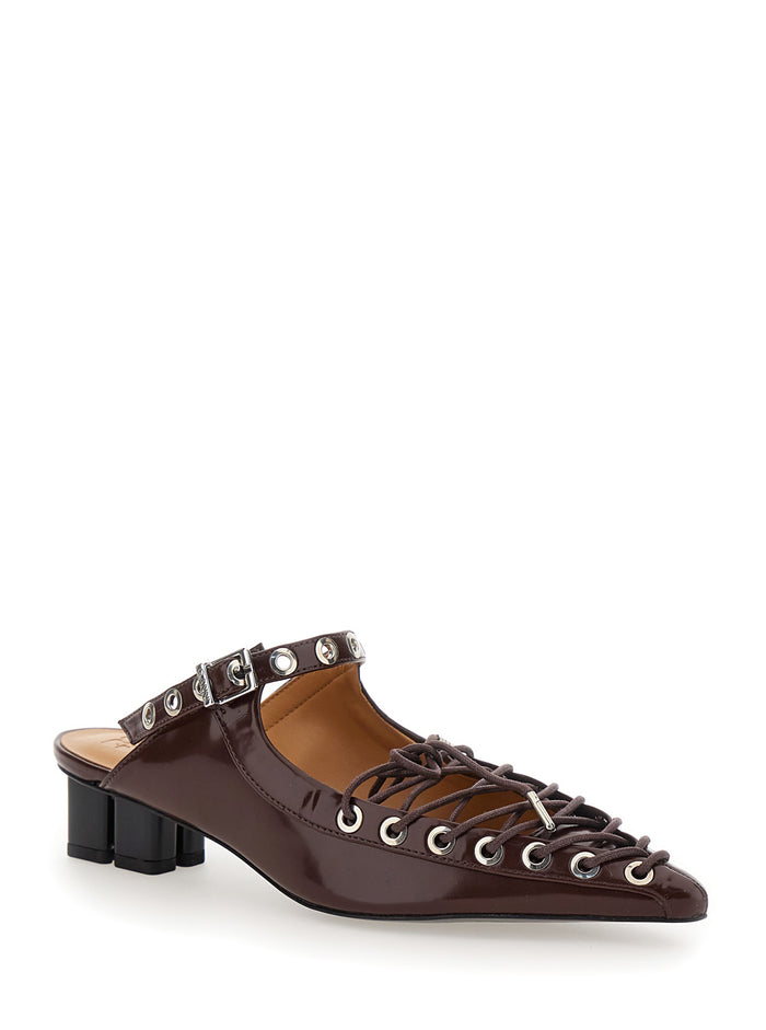 Brown Sandals with Pointed Toe Design and All-Over Laces in Eco Leather Woman Heels