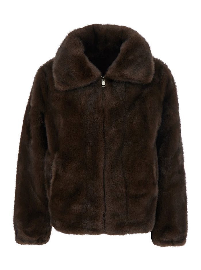 Annie Brown Fur Jacket With Spread Collar And Front Zip Closure Ecofur Woman Polyester Shearling Furs