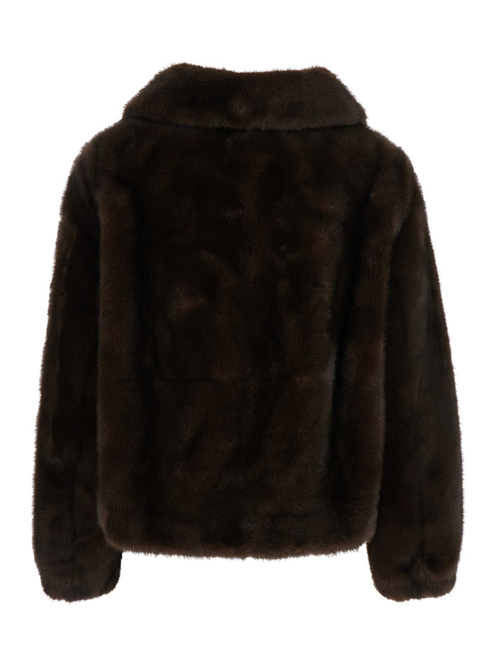 Annie Brown Fur Jacket With Spread Collar And Front Zip Closure Ecofur Woman Polyester Shearling Furs