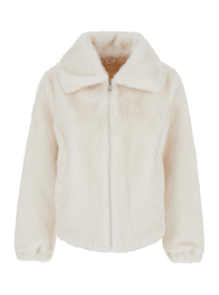 Annie White Fur Jacket With Spread Collar And Front Zip Closure Ecofur Woman Polyester Shearling Furs