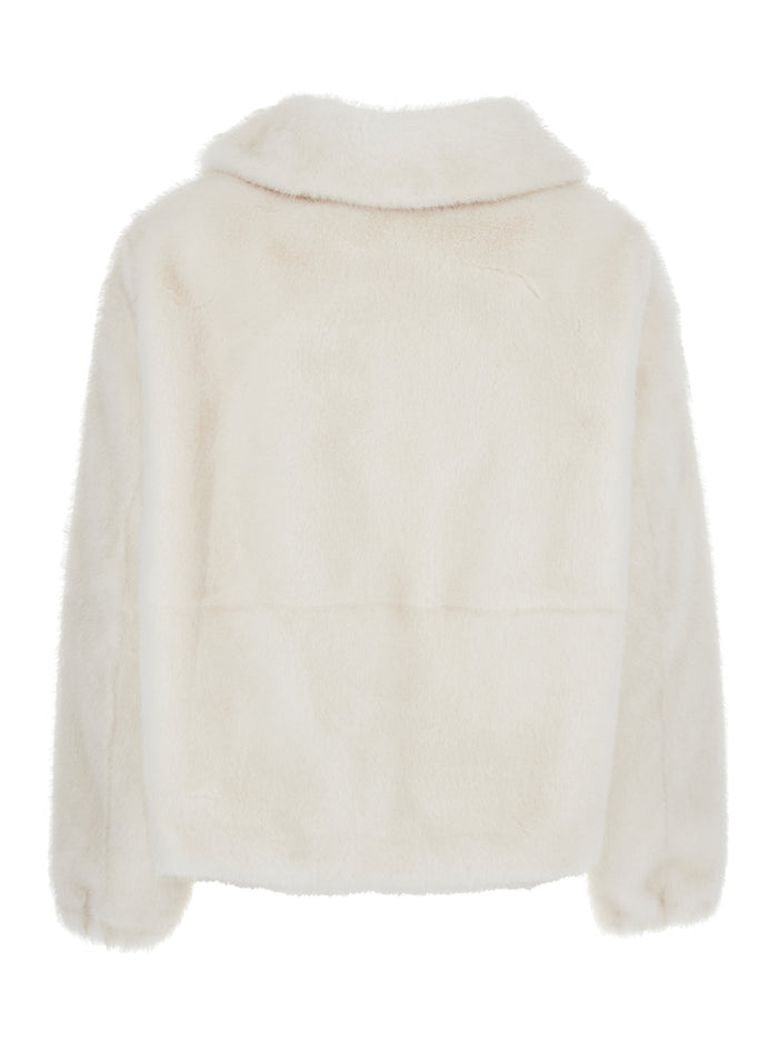 Annie White Fur Jacket With Spread Collar And Front Zip Closure Ecofur Woman Polyester Shearling Furs