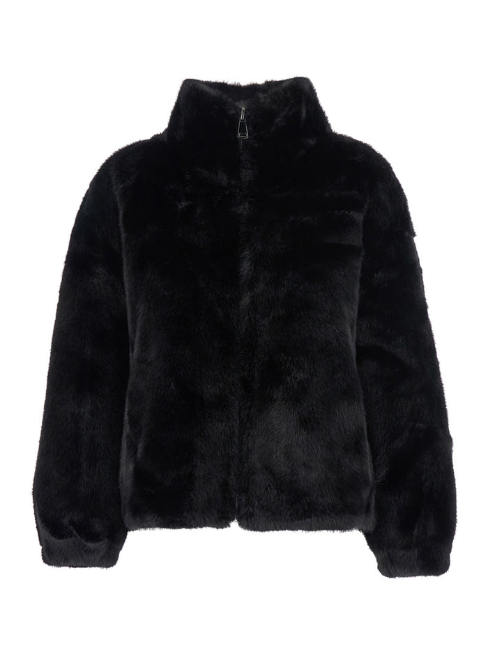 Annie Black Fur Jacket With Classic Collar And Front Zip Closure Ecofur Woman Polyester Shearling Furs