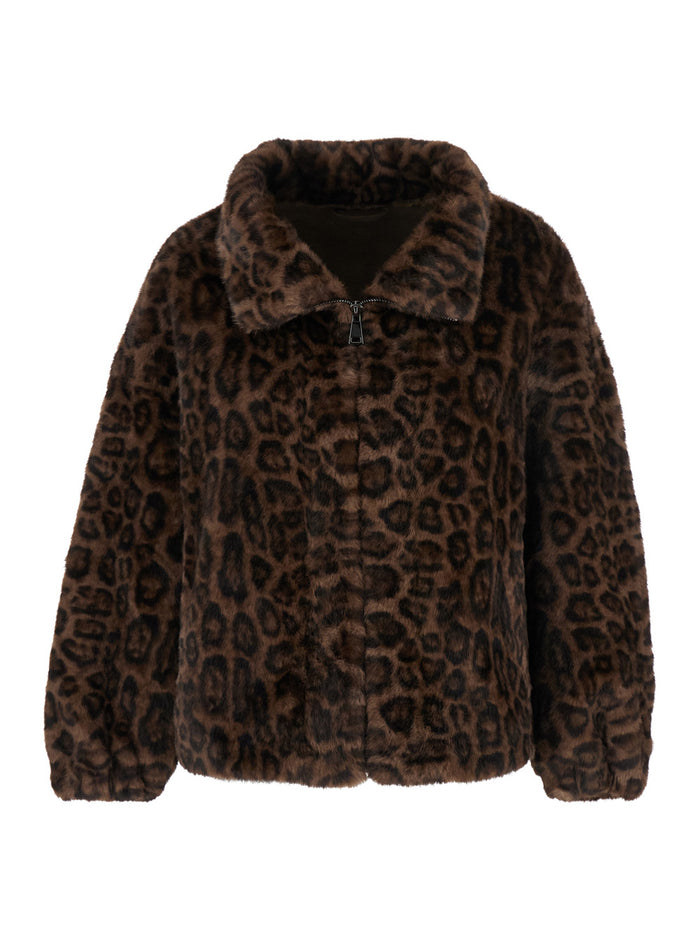 Annie Brown Fur Jacket With Classic Collar And Leopard Motif Ecofur Woman Polyester Shearling Furs