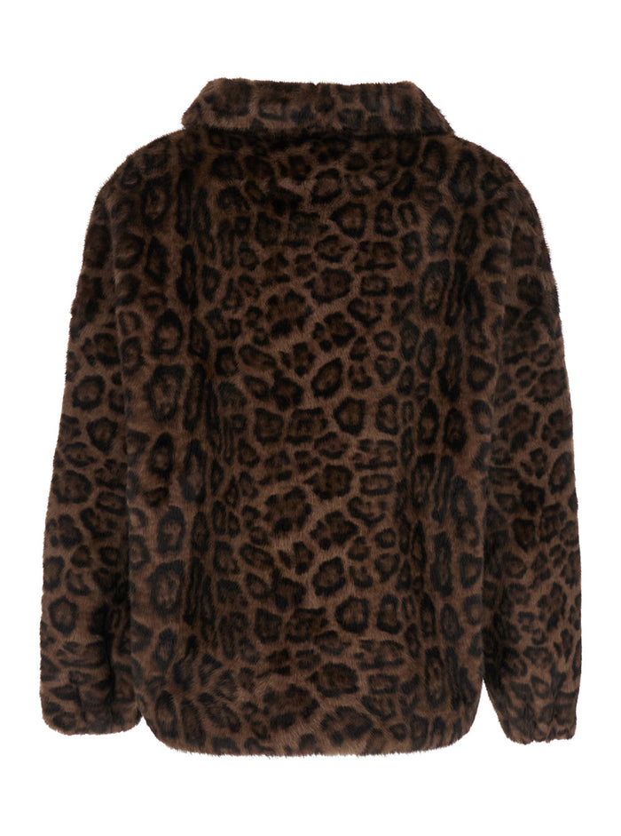 Annie Brown Fur Jacket With Classic Collar And Leopard Motif Ecofur Woman Polyester Shearling Furs
