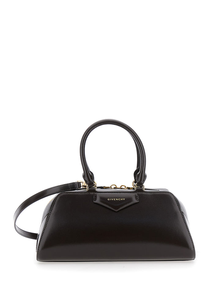 Antigona East West Brown Small Handbag With Adjustable And Removable Shoulder Strap Logo Lettering On The Front Leather Woman Calf Hand Bags