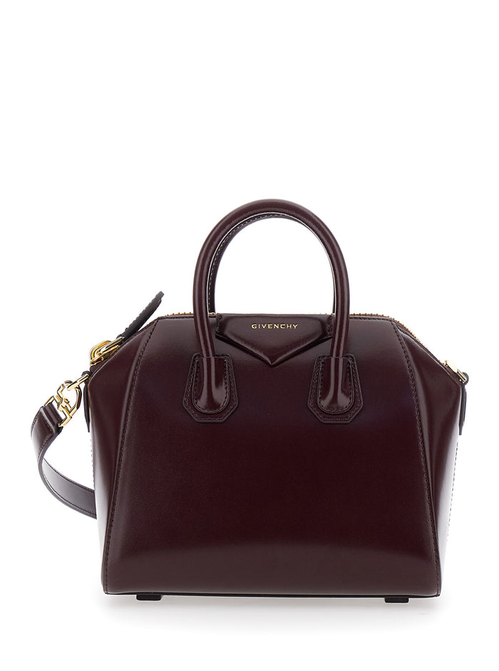 Antigona Small Bordeaux Handbag With Laminated Logo Hammered Leather Woman Calf Hand Bags