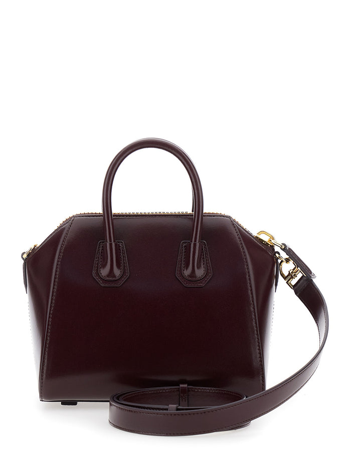 Antigona Small Bordeaux Handbag With Laminated Logo Hammered Leather Woman Calf Hand Bags