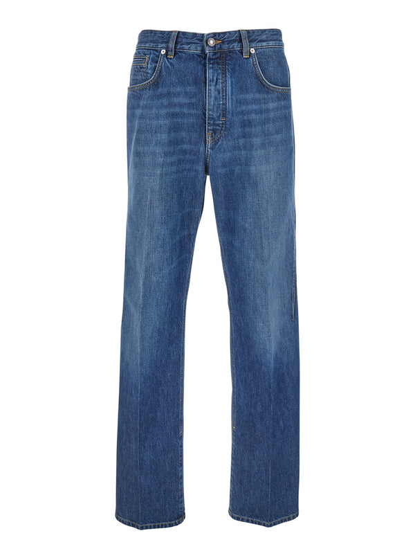Blue Five-Pocket Jeans With Logo Patch Cotton