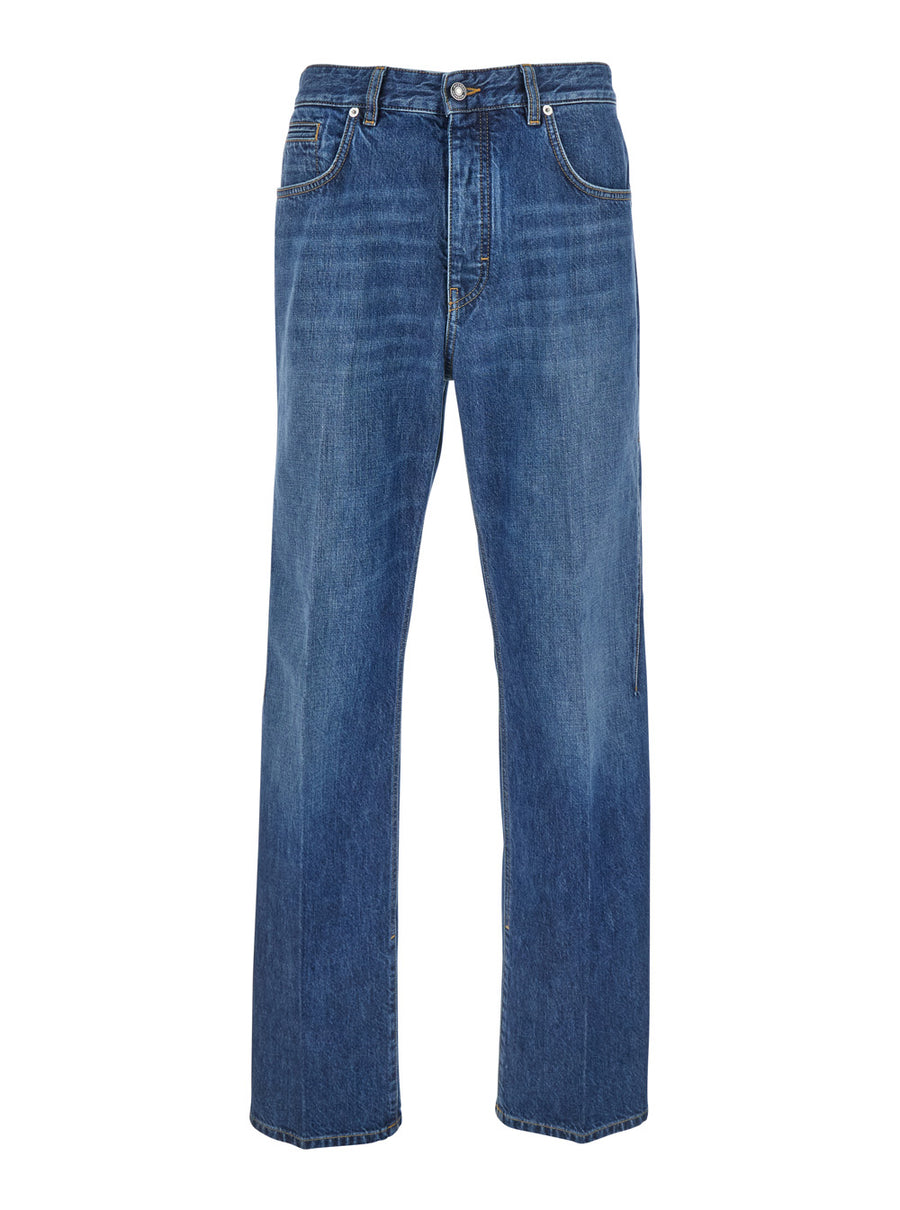 Blue Five-Pocket Jeans With Logo Patch Cotton