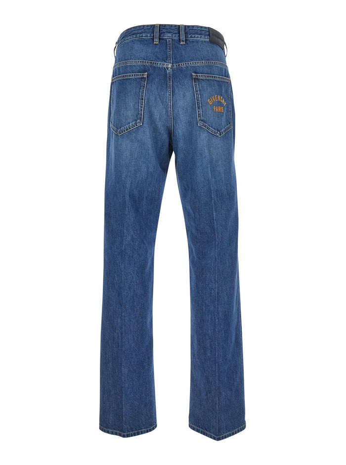 Blue Five-Pocket Jeans with Logo Patch on the Back in Denim Man Blu Cotton