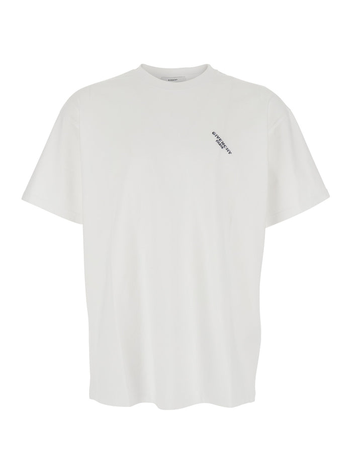 White T-Shirt with Diagonal Embroidered Logo in Cotton Man Tshirts And Polo Shirts