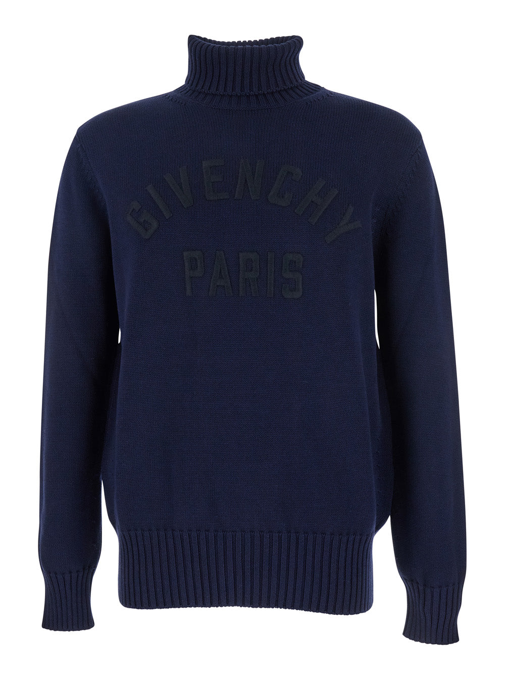 Blue Turtleneck Sweater with Logo Lettering on the Front in Wool Man Blu Jersey
