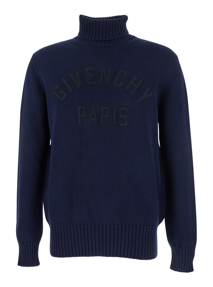 Blue Turtleneck Sweater with Logo Lettering on the Front in Wool Man Blu Jersey