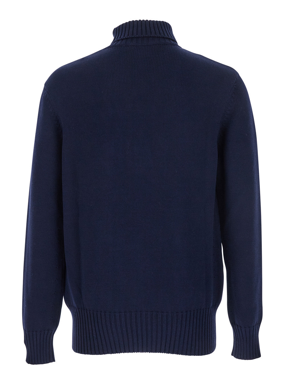 Blue Turtleneck Sweater with Logo Lettering on the Front in Wool Man Blu Jersey