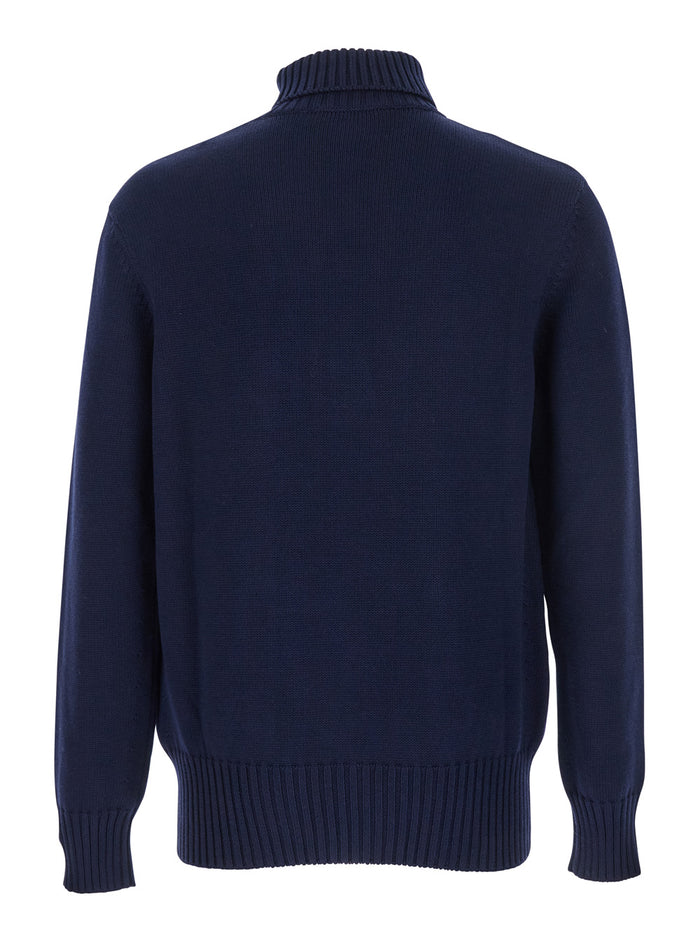 Blue Turtleneck Sweater with Logo Lettering on the Front in Wool Man Blu Jersey