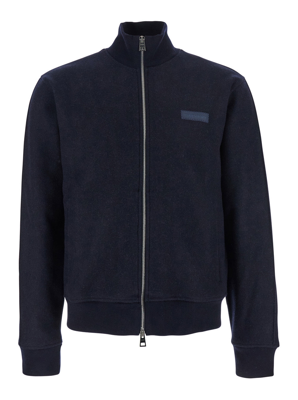 Blue Jacket with High Neck and Logo Patch on the Front in Wool Cashmere Blend Man Blu Outerwear