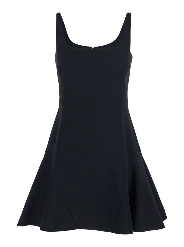Black Mini Dress with Flared Skirt and Square Neckline in Viscose Blend Stretch Woman Acetate Elastane