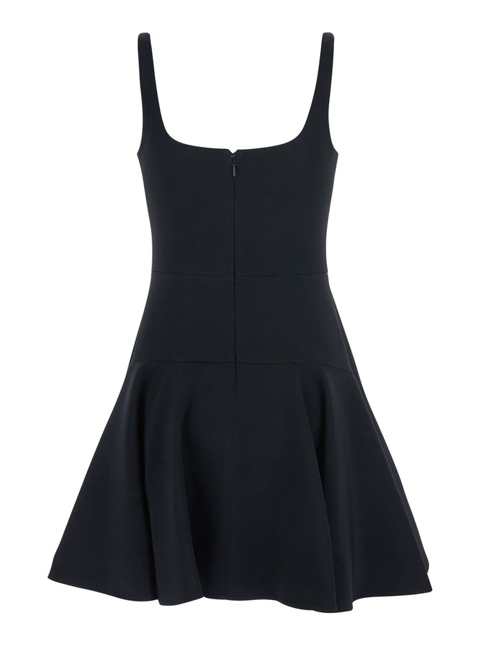Black Mini Dress with Flared Skirt and Square Neckline in Viscose Blend Stretch Woman Acetate Elastane