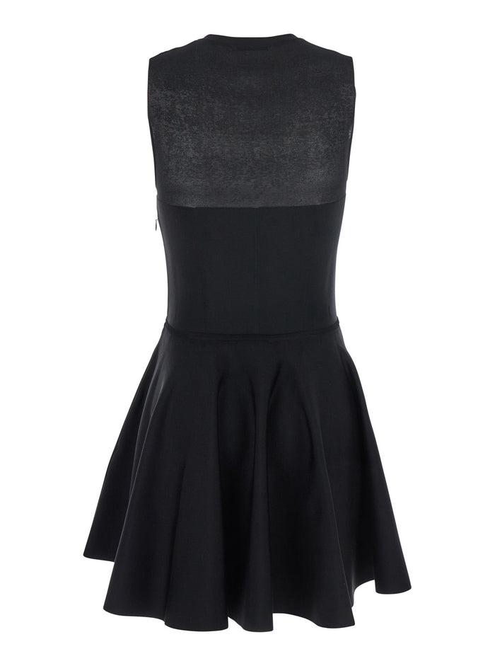 Black Crew Neck Dress with Flared Skirt in Fabric Woman Viscose Polyamide